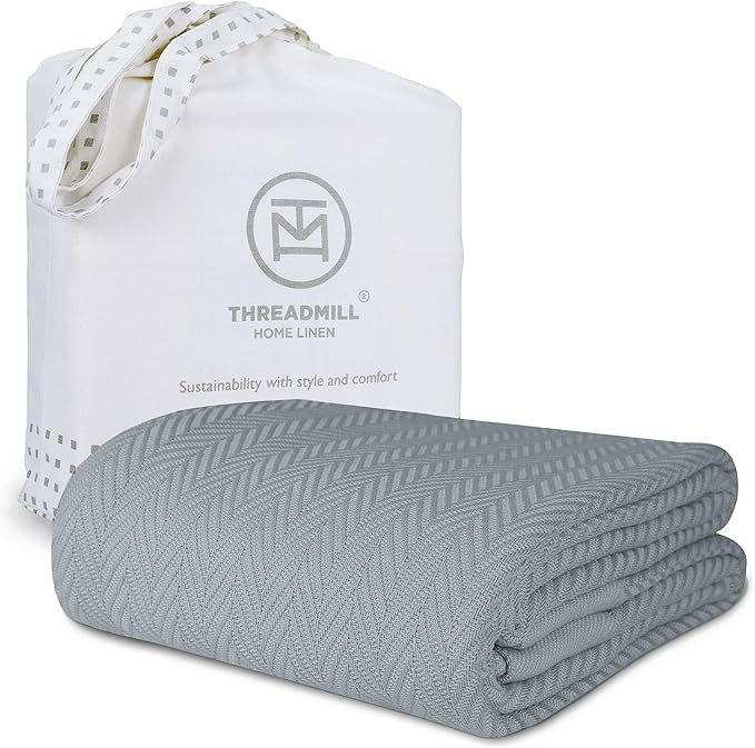Threadmill Luxury Cotton Blankets for Queen Size Bed | All-Season 100% Cotton Queen Size Blanket | Herringbone Cozy, Soft Breathable Fall Thermal Blanket fits Full Size Bed | Scottish Grey