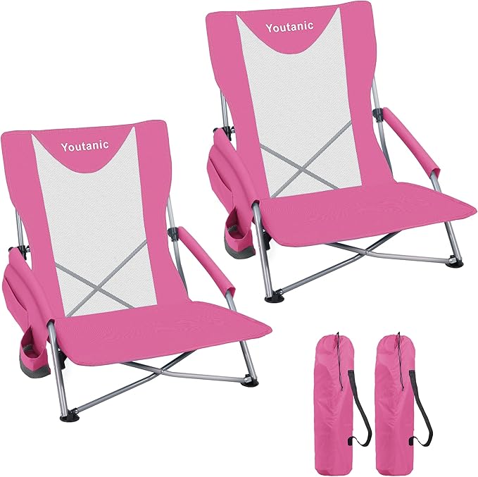 Youtanic Portable Beach Chair 2-Pack, 400 lbs Folding Camping Chair, Lightweight Low Profile Lawn Chair with Wide Seat, Cup Holder & Padded Armrests for Outdoor, Travel, Sand, Pink