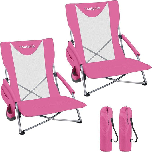 Youtanic Portable Beach Chair 2-Pack, 400 lbs Folding Camping Chair, Lightweight Low Profile Lawn Chair with Wide Seat, Cup Holder & Padded Armrests for Outdoor, Travel, Sand, Pink