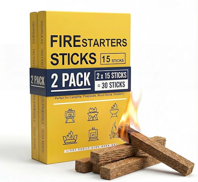Natural Fire Starter for Grills: Quick Start Fire Starters Sticks for Campfires Outdoor Firepit Indoor Fireplaces BBQ & Wood Stove - Odorless Charcoal Firestarter Blocks 30 Count