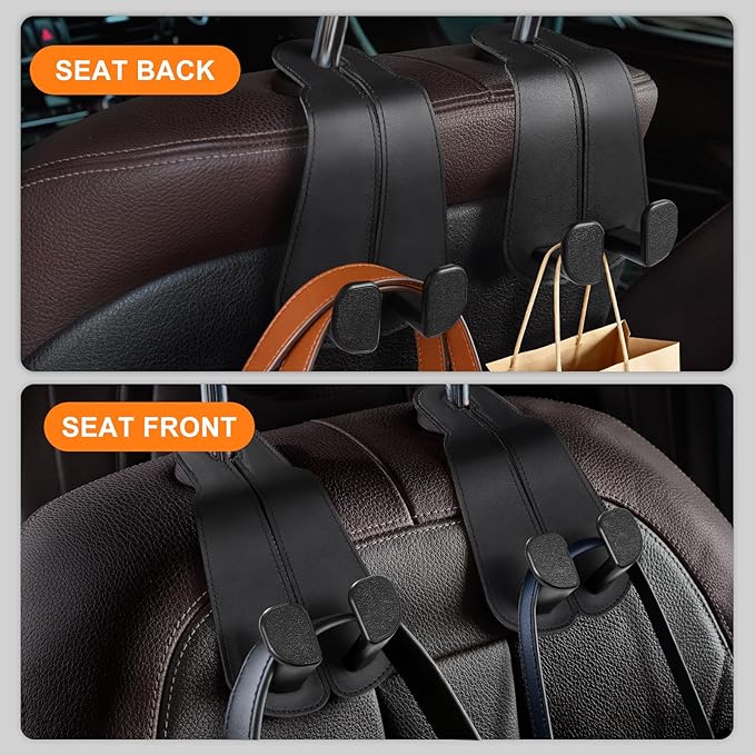 CoBak Extra Wide Car Seat Back Hooks, Premium Stitched Leather Headrest Hangers with Wide Slot Structure, Universal for Any-Width Purses, Handbags, Bags (2 Pack),Black