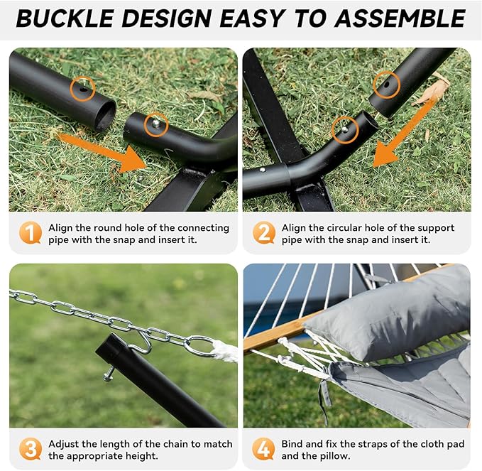 Everyfun 2 Person Outdoor Hammock with Stand, Cotton Rope Hammock with Polyester Pad, Adjustable Steel Frame, Portable with Carrying Bag – for Patio, Backyard, Garden, Beach, Urban-Gray