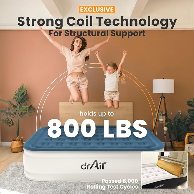 Dr. air Queen Air Mattress with Built-in Pump, 18" Raised Blow Up Mattress, 800 lbs Max Honeycomb Air Bed, 48Hr Leak-Proof Test, 3min Inflatable Mattress for Home, Guests, Camping, Colchones inflables