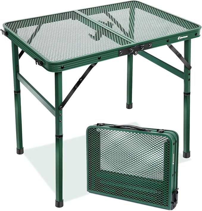 Small 2ft Folding Table with Carry Handle, Adjustable Height 10.6" or 22", Green Metal Mesh, Portable & Compact Indoor/Apartment/Card/Side/Grill Table, 23.6"Lx15.8"W, Lightweight 4 lb, 66 lb Capacity