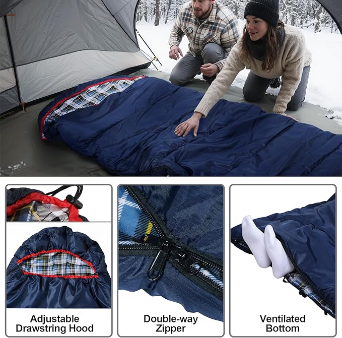 REDCAMP Flannel Sleeping Bag for Adults, Comfortable Cotton Sleeping Bags for Camping with Detachable Hood, Red/Grey/Blue/Black