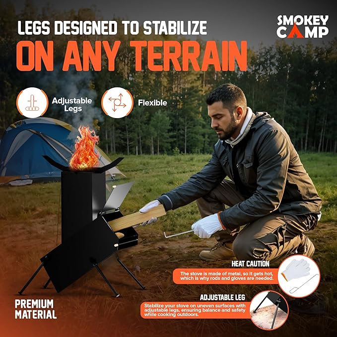 Rocket Stove for Camping Heavy Duty Wood Burning Stove with Adjustable Legs, Portable Wood Burning Fire Camping Stove, Cooking Camping Grilling Outdoor Backyard BBQ Stove with Storage Bag, Rod, Gloves