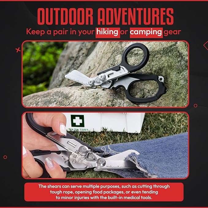 Heavy Duty 6 in 1 Multipurpose Emergency Trauma Shears Scissors with Holster, Outdoor Camping Rescue Tools with Glass Breaker, Strap Cutter Stainless Steel Foldable Scissors Pliers
