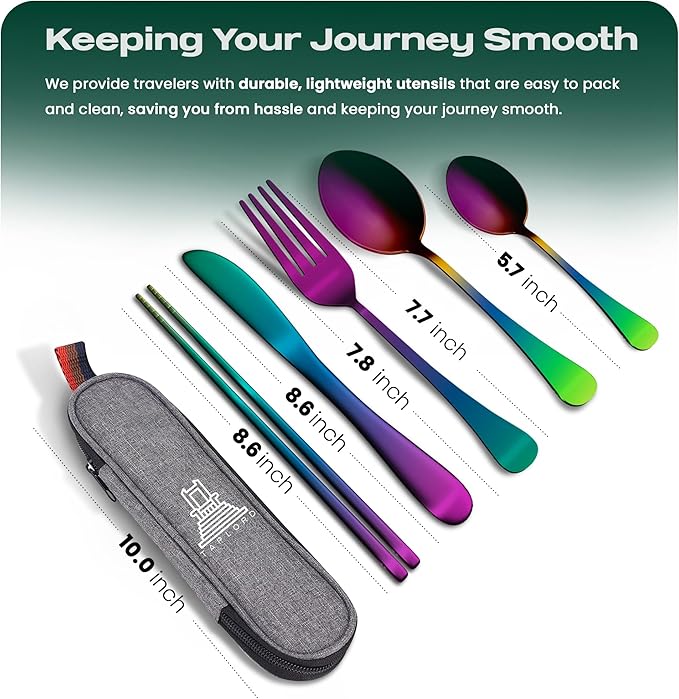 Taplord Portable Travel Silverware Set With Case, Includes 5 Pcs of Travel Utensils With Case, Stainless Steel Flatware Set For Camping, Easy to Travel, Lightweight (Multi)