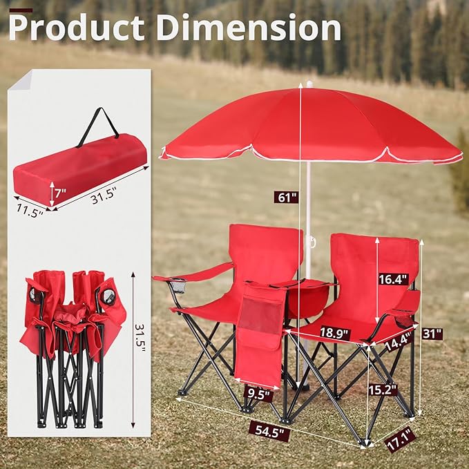 Outvita Folding Double Camping Chair w/Umbrella Beverage Holder Carrying Bag Cooler Fold Up Table, Large Bearing Capacity for Beach Patio Pool Park Outdoor Red