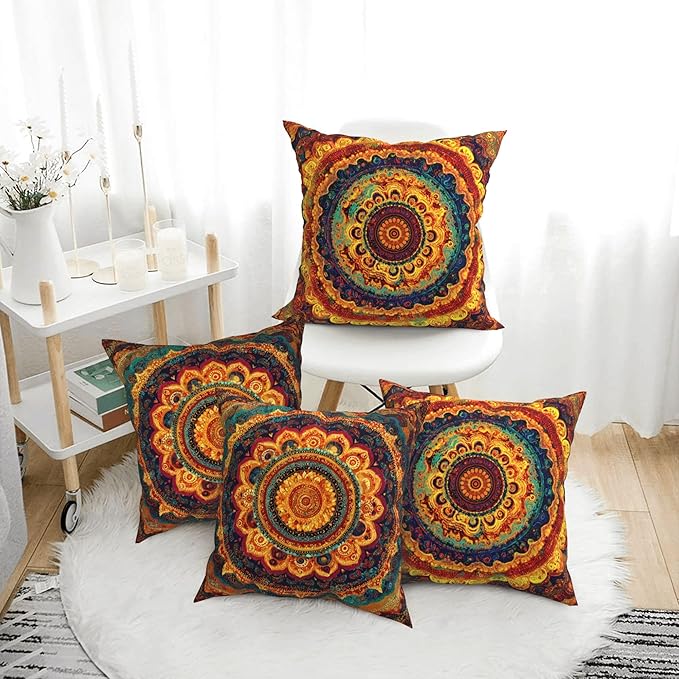 Bohemian MandalaThrow Pillow Covers 18 X 18 Inch Set of 4 Decorative Cushion Cover Home Decor for Sofa Chair Couch Bedroom Living Room