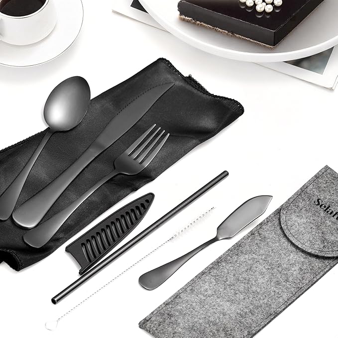 Travel Utensils with Case, Portable Travel Silverware Set Stainless Steel Lunch Box Cutlery Set for Work, Camping, Picnic, Hiking, Office (Black)