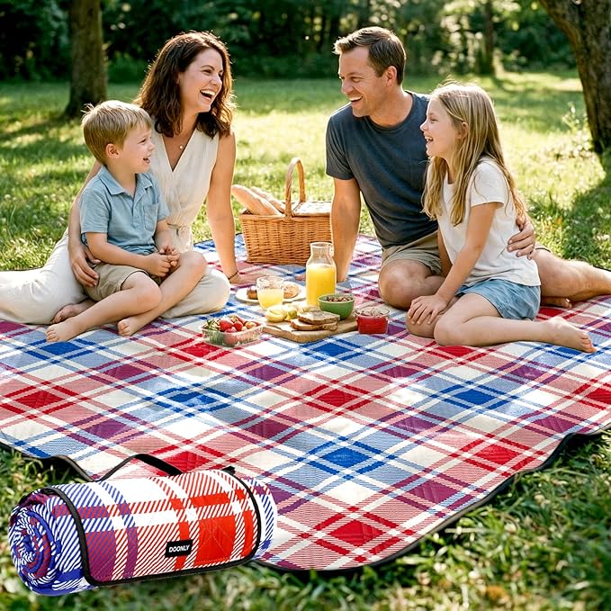 Doonly Picnic Blanket, 78" x 78" Large Waterproof Sandproof Beach Blanket, Foldable Outdoor Blanket Picnic Mat for Beach, Camping, Park, Grass, Lawn, Travel (Blue/Red/White)