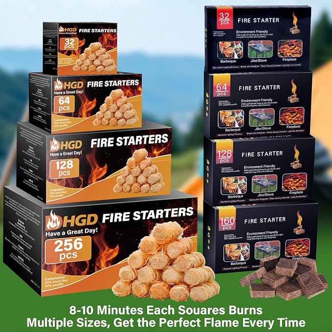 HGD Natural Fire Starters for Outdoor: 32 Cubes Fire Starter Campfire Fireplace Charcoal Wood Stove Chimney Fire Pit Grill Smoker Indoor Outdoor Use White