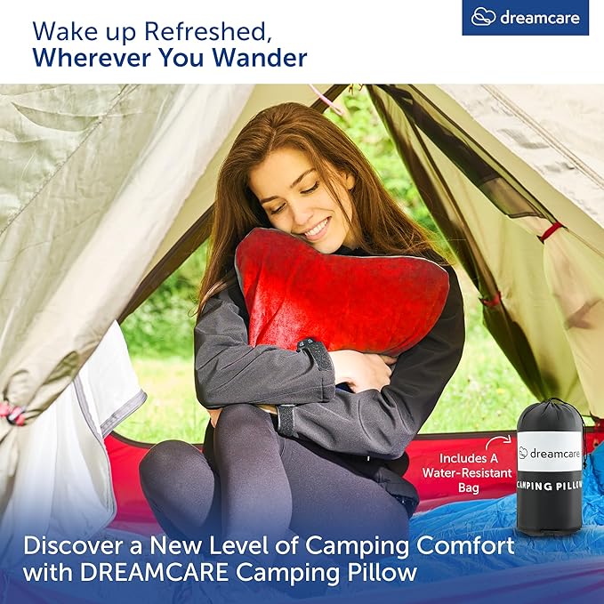 DREAMCARE Camping Pillow, Memory Foam Travel Pillow, Camping Accessories - Small Pillow Camping Essentials Camping Pillows for Sleeping, Backpacking Pillow, Travel Pillows for Sleeping (Small,Red)