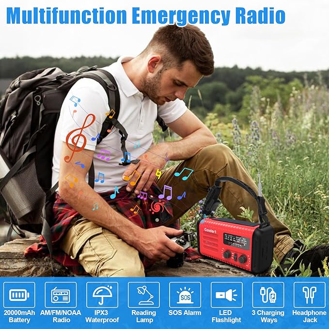 20000mAh Emergency Weather Radio, Solar Hand Crank Portable AM/FM/NOAA Radio with Flashlight, Reading Lamp, SOS Alarm, USB-C Cell Phone Charger for Home Outdoor Survival-Red