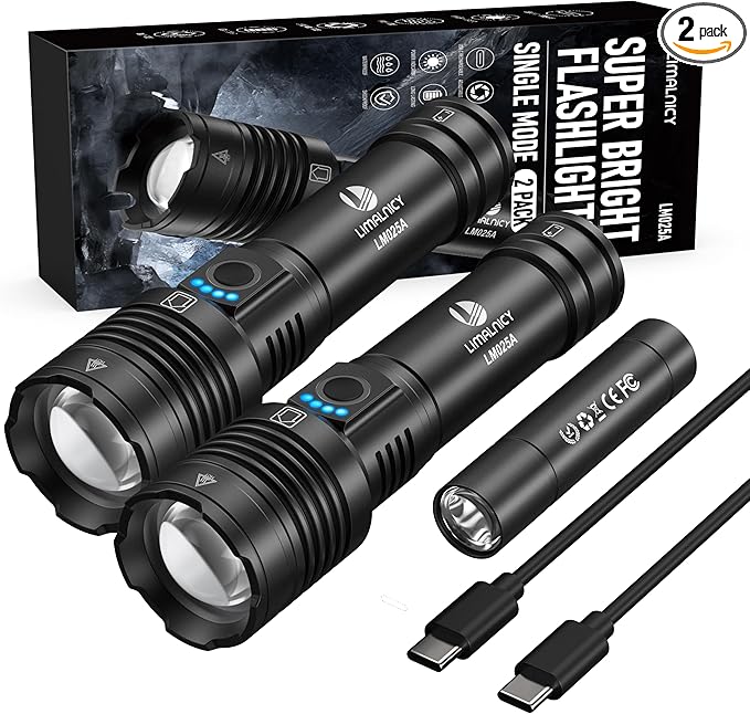Rechargeable Flashlights High Lumens 100,000 Single One Mode - 2 Pack, Super Bright Powerful 30W LED, Long Lasting 12 Hours, USB C Input, Handheld 6.81” Length, for Hiking Home Gift