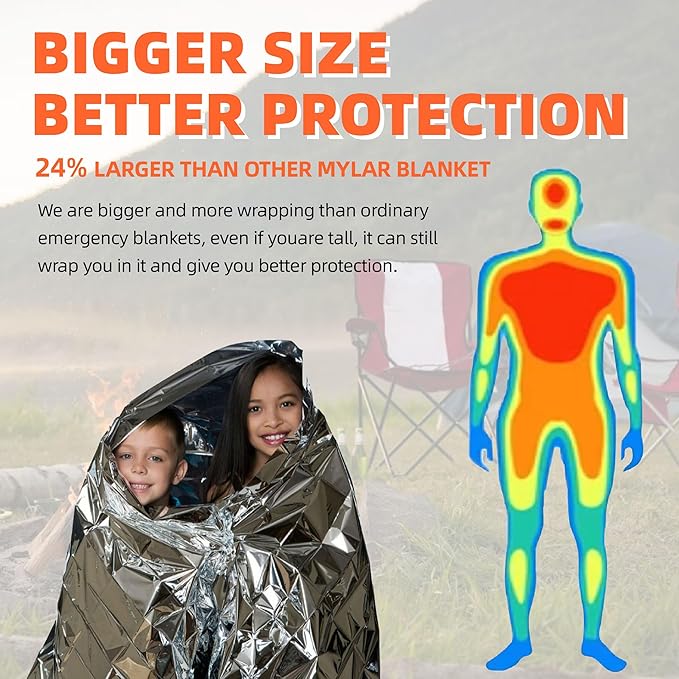 6 Pack Emergency Thermal Blankets for Survival, 82.67”x62.99” Extra Large Mylar Space Blankets, Waterproof & Windproof for Outdoor Camping, Hiking, Survival Kit, First Aid, Car Emergency