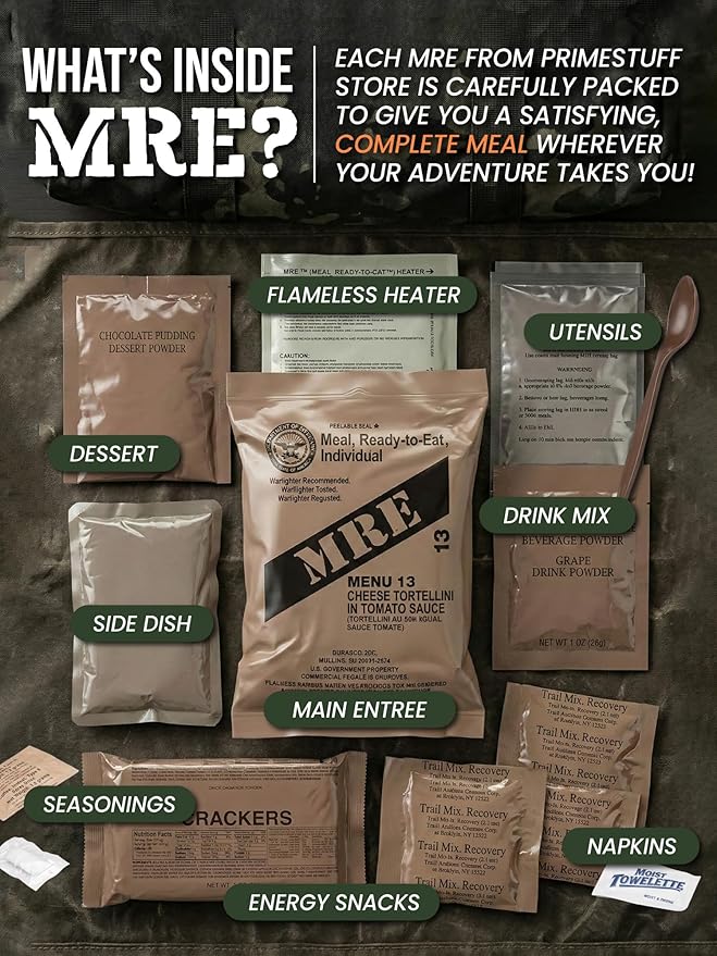 MRE Meals Ready to Eat – Military Survival Food Kit for Camping, Hiking, Hunting, Fishing, Outdoor Adventure & Emergency Preparedness – Complete Meal Rations with Flameless Heater, Long Shelf Life (Inspection Date 2026), Random Menu 3 Packs