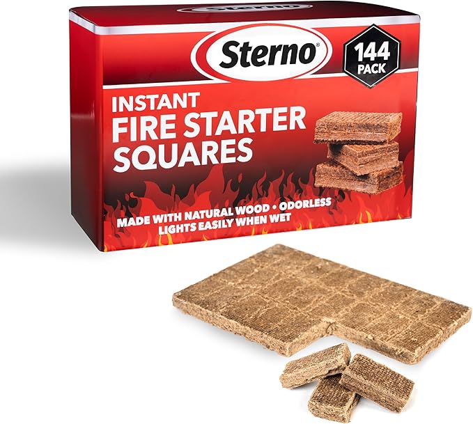 Sterno Instant Fire Starter Squares, 144 Count – Natural Wood Fire Starter Cubes for Fireplace, Campfires, Grills & Fire Pits, Odorless Charcoal Starters, Indoor Outdoor