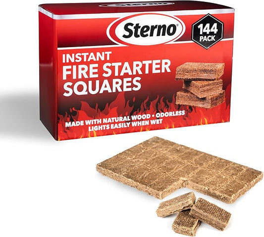 Sterno Instant Fire Starter Squares, 144 Count – Natural Wood Fire Starter Cubes for Fireplace, Campfires, Grills & Fire Pits, Odorless Charcoal Starters, Indoor Outdoor