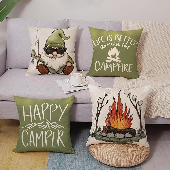 Happy Camper Gnome Green Decorative Throw Pillow Covers 16 x 16 Set of 4, Camping Life is Better Around The Campfire Porch Outdoor Home Decor, Adventure Campsite Mountain Couch Cushion Case