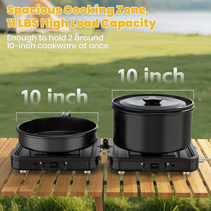 2 Burner Camping Propane Stove, Portable Folding Propane Stove with Carrying Bag, Adjustable High Heat Burners & Piezo Push-Button Instant Ignition, Outdoor Tailgating, Backyard BBQ Camping Essentials