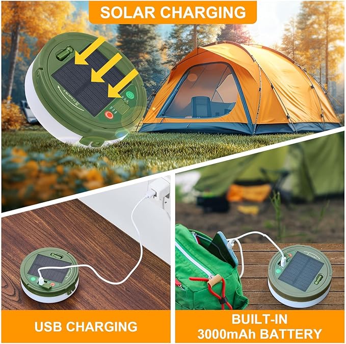 Solar Camping String Lights, Retractable Waterproof 33FT LED Camp Light with 13 Light Modes, Rechargeable 3000mAh Battery Powered Fairy Lights with Remote for Outdoor, Tent, RV, Patio, Awning, Party