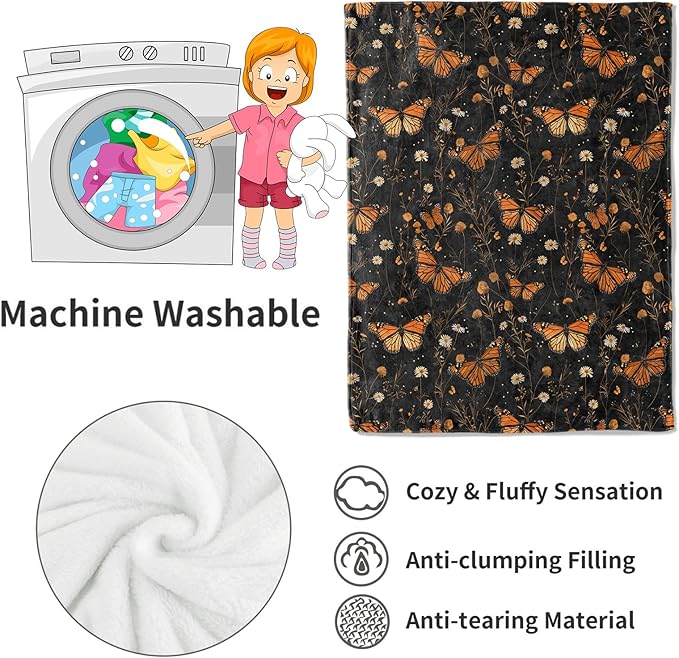 Butterfly Garden Blanket Floral Black Throw Blankets Gifts for Girls Women Adults Lightweight Soft Fleece Cozy for Sofa Couch Bed Room Travel Birthday Party Decor 40x50in