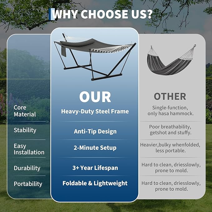Garvee﻿ 2 Person Hammock with Stand for Outside, Double Hammock with Stand and Pillow, Max 450 Lbs Capacity with Balance Rope, Large Hammock for Outdoor Patio Backyard Poolside