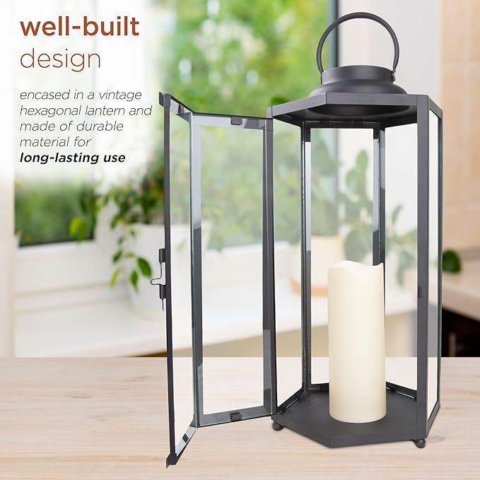 Alpine Corporation 18" Tall Outdoor Hexagonal Battery-Operated Metal Lantern with LED Lights, Black