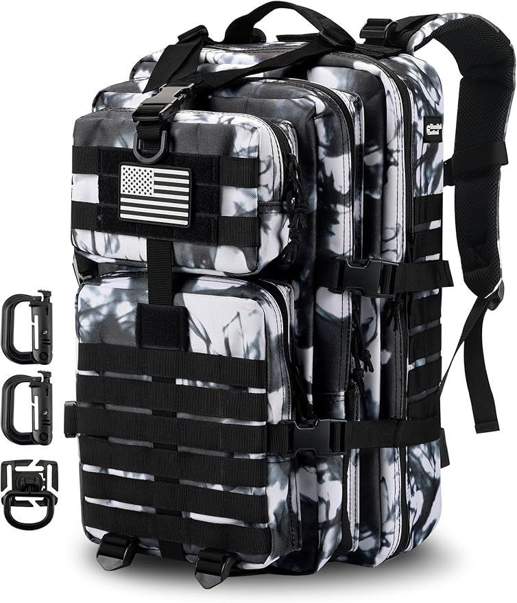Hannibal Tactical MOLLE Assault Backpack, Tactical Backpack Military Army Camping Rucksack, 3-Day Pack Trip w/USA Flag Patch, D-Rings, Black White camo
