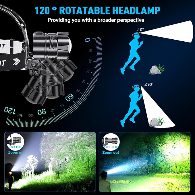Sinvimes 99000 High Lux LED Rechargeable Headlamp, 95H Long Battery Life Head Lamp with 5 Modes & IPX7 Waterproof & Zoomable, 120° Adjustable Head Light for Adults, Outdoor, Camping, Hardhat