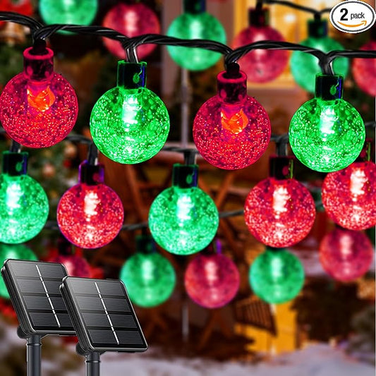 2-Pack 100 LED Red and Green Solar String Lights Outdoor - 64FT Crystal Globe Waterproof Solar Lights for Outside with 8 Lighting Modes for Patio Decorations, Garden, Wedding, Party, Porch, Tree
