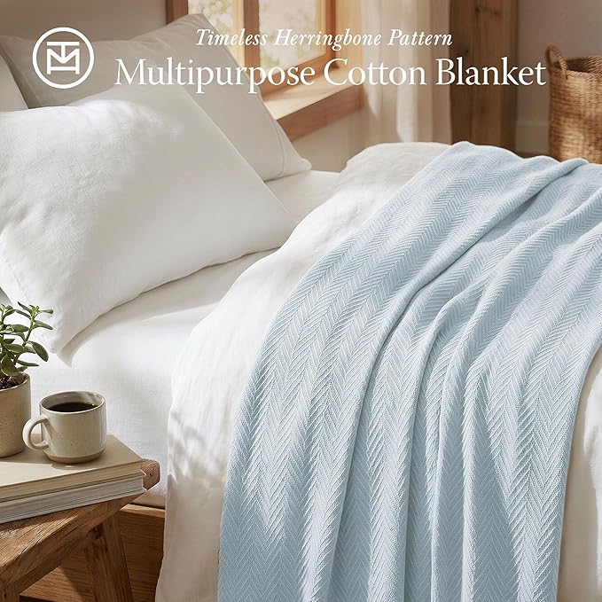 Threadmill Luxury Cotton Blankets for King Size Bed | All-Season Cozy 100% Cotton King Size Blanket | Herringbone Soft Fall Thermal Blanket fits Cal King Size Bed | Light Blue