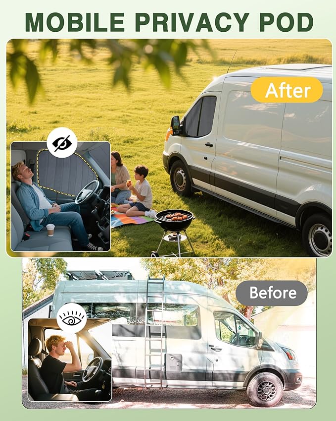 Insulated Blackout Van Window Covers Fit for Ford Transit 150 250 350 High/Medium Roof 2015-2025, Magnetic Van Front Door Side Window Shades (Pair) - Gray