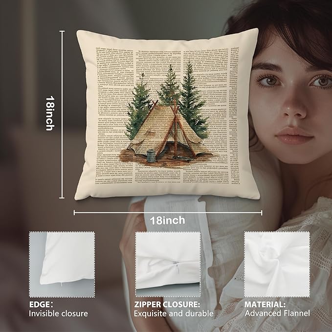 Vintage Camping Pillow Covers 18x18 Set of 2, Gifts for Campers Camping Lovers, Retro Forest Camper Camp Decorative Throw Pillow Covers for Couch Sofa Bedroom Living Room Home
