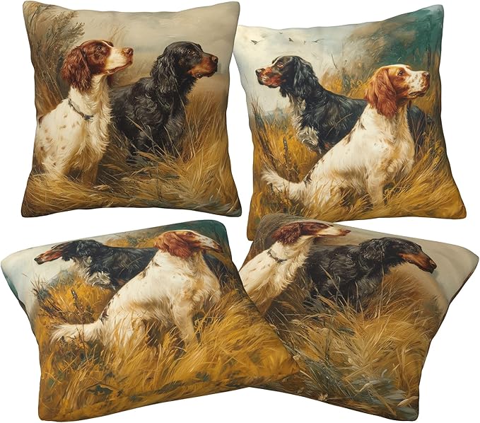 Vintage Dog Throw Pillow Covers 18 X 18 Inch Set of 4 Decorative Cushion Cover Home Decor for Sofa Chair Couch Bedroom Living Room