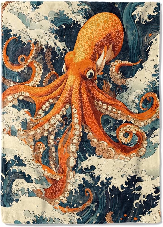 Vintage Octopus Fleece Blanket - 50x60in Retro Ocean Waves Throw Blankets,Soft Cozy Lightweight, Ideal for Living Room Home Rustic Decor and Kids Women Girls Beach Gifts