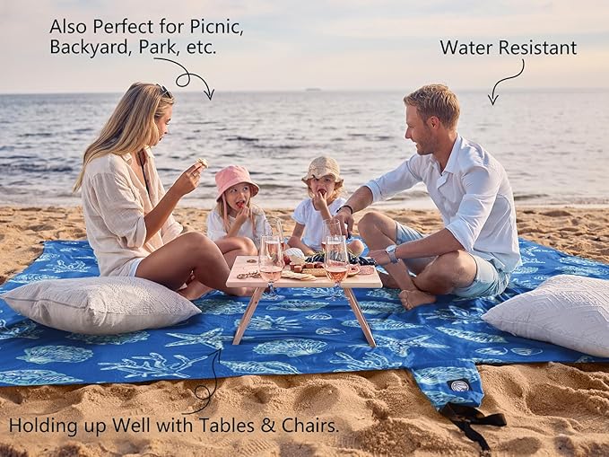 WEKAPO Beach Blanket Waterproof Sandproof Oversized, Extra Large Beach Mat Sand Free, Lightweight & Compact Sand Free Mat with 5 Stakes & 4 Corner Pockets