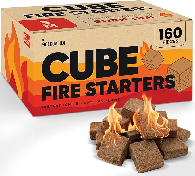 Moscow-Mix Fire Starter Cubes (160 PCS) Bulk Fire Starters for Grill, Campfires, Fireplace, Charcoal Starter, BBQ, Wood Stove, Fire Pits - Lighter Cubes - Odorless, Waterproof, Fire Starter Squares