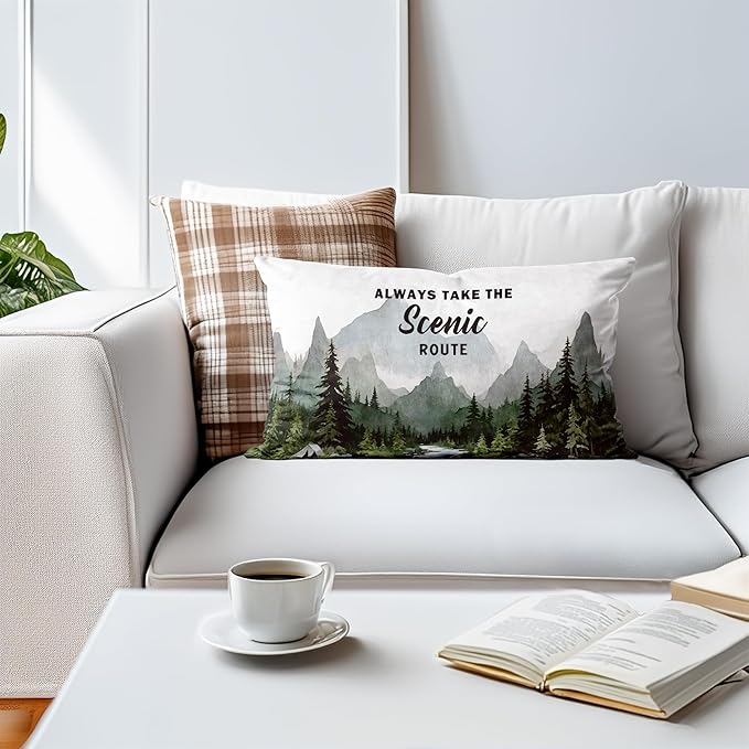 Camping Forest Mountain Pillow Cover 12x20, Take The Scenic Route Decorative Camping Pillow Case, Nature Camper RV Cushion Cover for Couch Sofa,Adventure Gifts for Camper Lovers