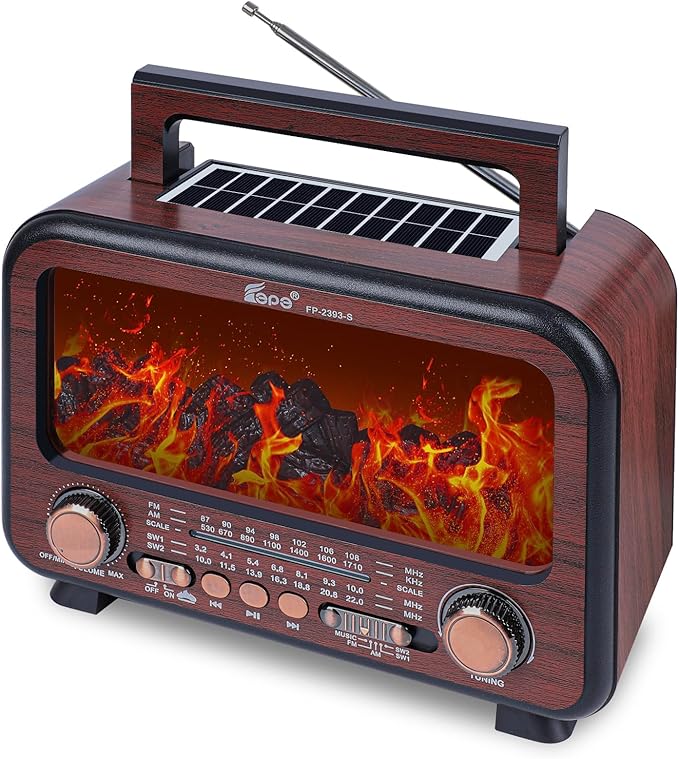 Retro Portable Radio AM FM SW Shortwave Radio with Bluetooth Speaker,Flame Atmosphere Lamp Battery Operated,SUB Charging, TF Card (Dark Brown)