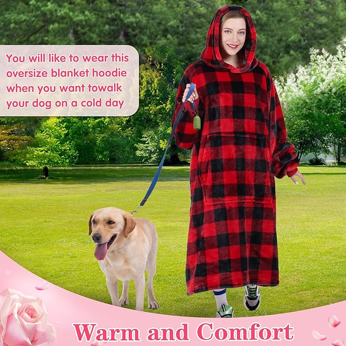 Waitu Wearable Blanket Hoodie Sweatshirt Gifts for Adult and Child, Warm and Cozy Giant Hoodie Blanket for Women and Men, Flannel Blanket with Sleeves - Red and Black Plaid