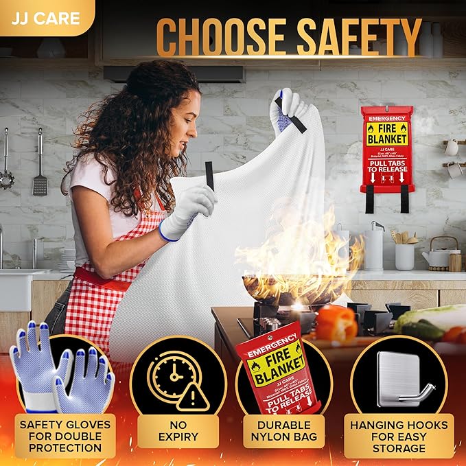 JJ CARE Fire Blanket – 10 Packs with Hooks – 40" x 40" Emergency Fire Blanket for Home & Kitchen, High Heat Resistant Fire Suppression Blankets for Home Safety, Kitchen, and Camping