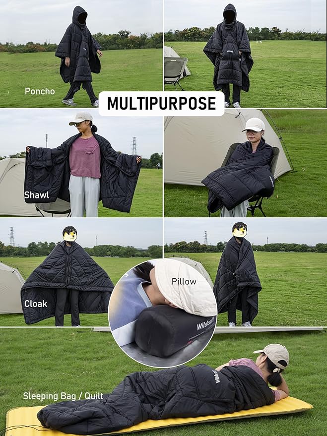 WildCall Hooded Camping Blanket with 3M Thinsulate Insulation Wearable Poncho Blanket Ultralight Foldable Quilt Sleeping Bag for Outdoor, Hiking, Stadium