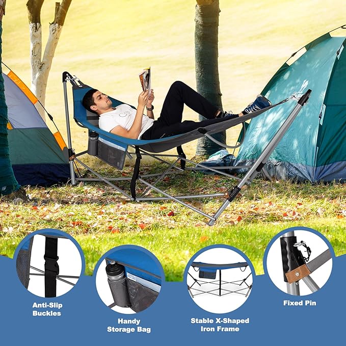 Portable Folding Hammock w/Side Pocket, Lounge Camping Bed w/Metal Stand & Anti-tip Buckles, Outdoor Camping Hammock with Carrying Bag for Patio Garden Yard, Easy Assembly (Blue)
