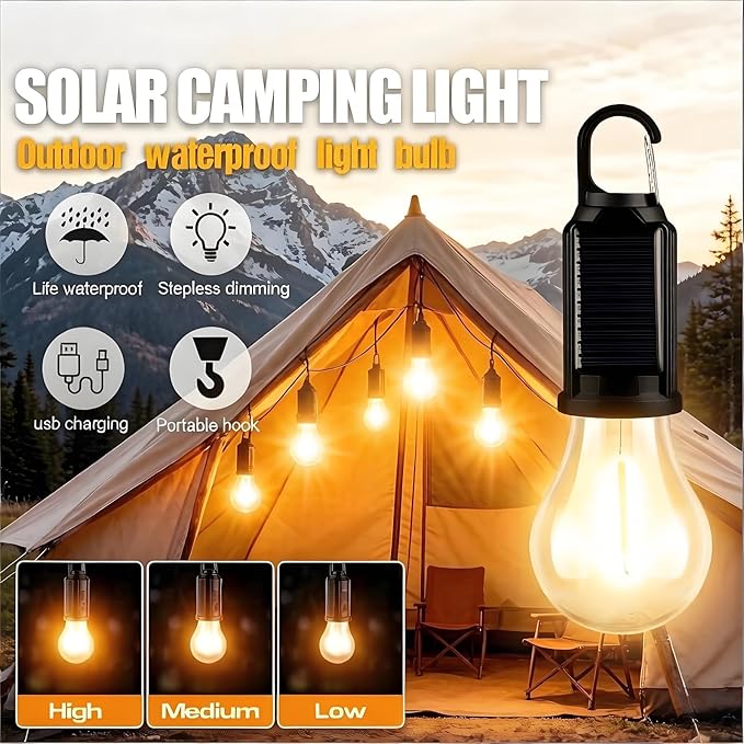 Solar Tent Lights Rechargeable 5 Pack, LED Camping Lantern Outdoor Hanging Light Bulbs with Clip Hook for Camping Hiking Decorations Hurricane Fishing Emergency,Flashlight