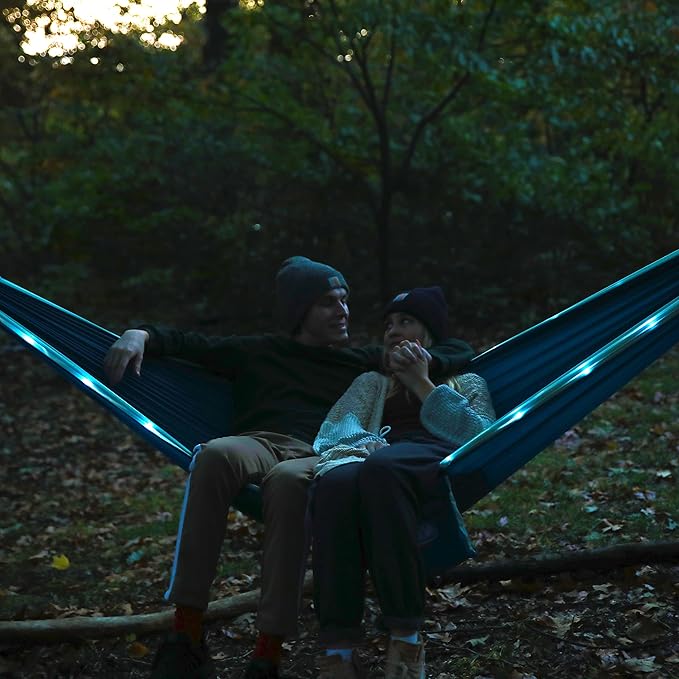 Equip Outdoors Portable Camping Illuminated Hammock, Hanging Kit Included, Two Person Light Up Hammock, Blue, 124'' L x 77'' W (99554)