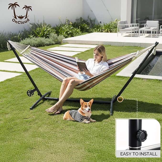 ONCLOUD Double Hammock with Spreader Bar & Heavy-Duty 9ft Steel Wheel Stand, Brazilian Hammock Set, Portable Hammock with Stand for Outside, Backyard, Camping, Includes Carry Bag, 550lb, Desert Strip