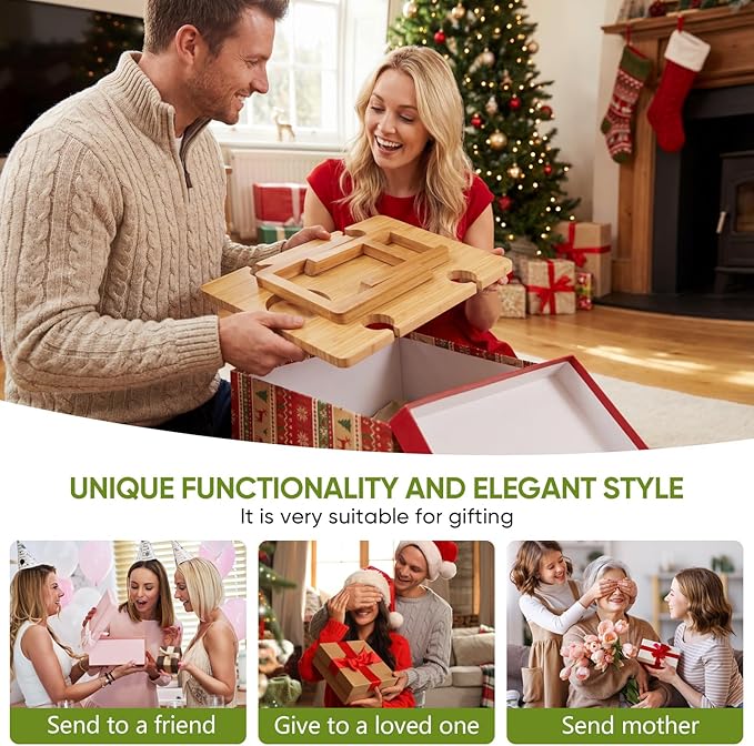 Bamboo Wine Picnic Table, Foldable Portable Charcuterie Tray with Bottle Slot and 4 Glass Holders, 15.6 x 11.7 x 7.5 in, for Beach, Park, Camping